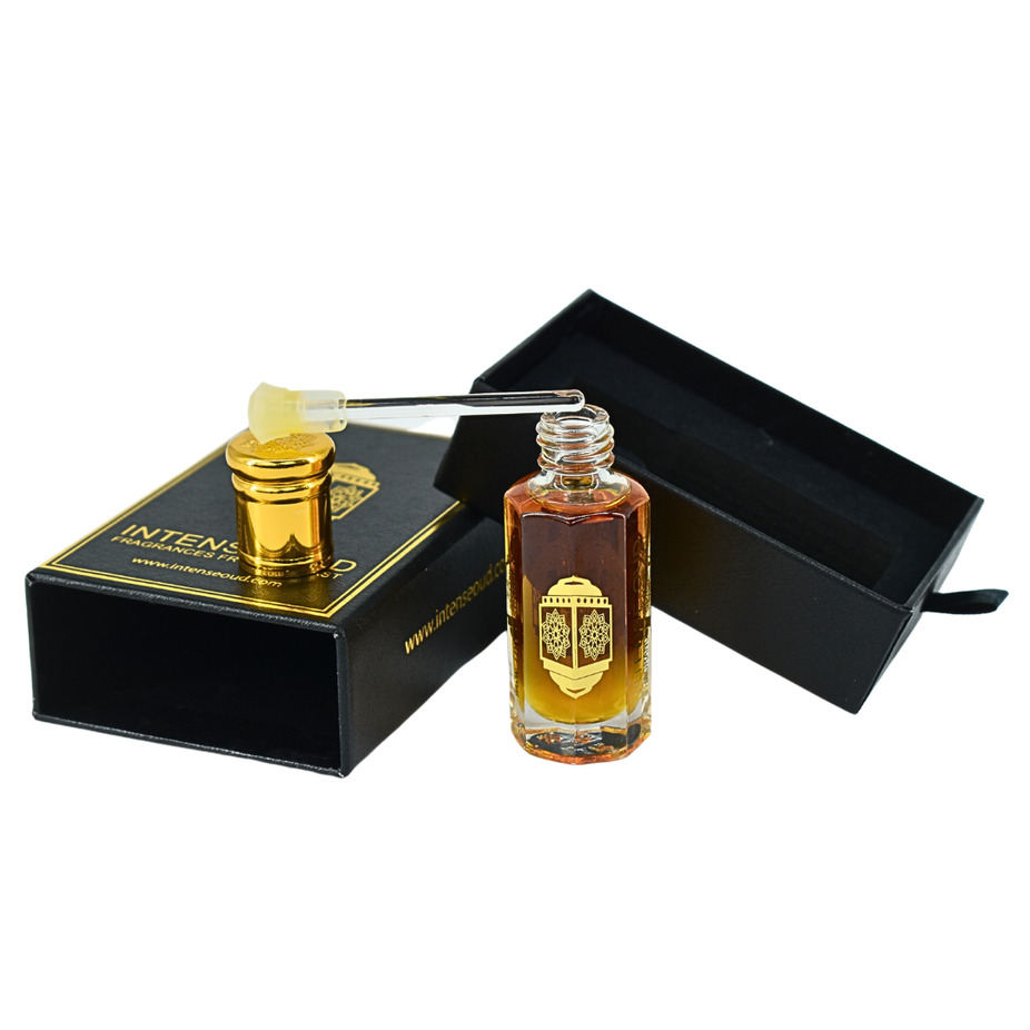 Nouf Perfume Oil by Intense Oud in a black gift box, 12ml loose oil with elegant packaging and rich fragrance.