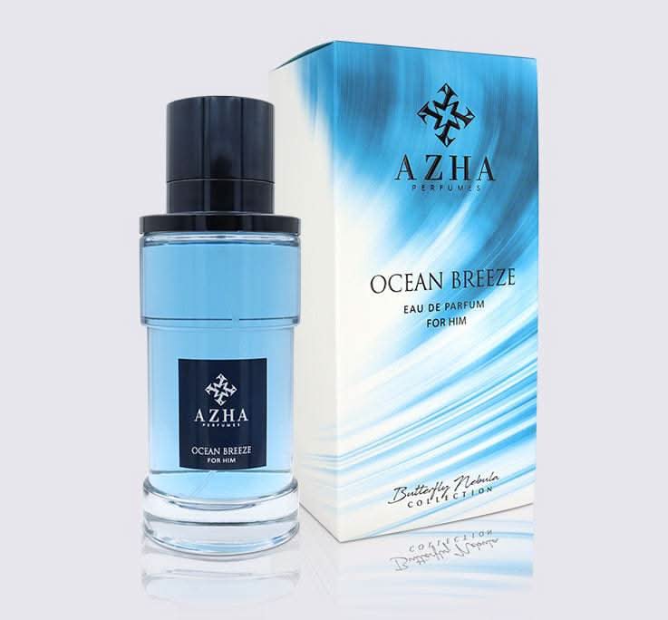 Azha Ocean Breeze For Him Eau de Parfum bottle with ocean-inspired design, showcasing fresh, aquatic scent notes.