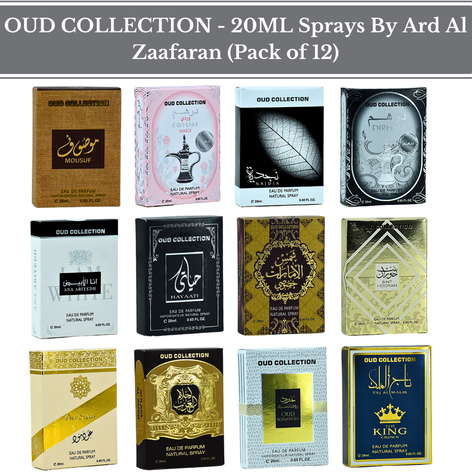 Set of 12 Ard Al Zaafaran Oud Collection 20ml EDP spray sample bottles featuring miniature fragrances in a pack.