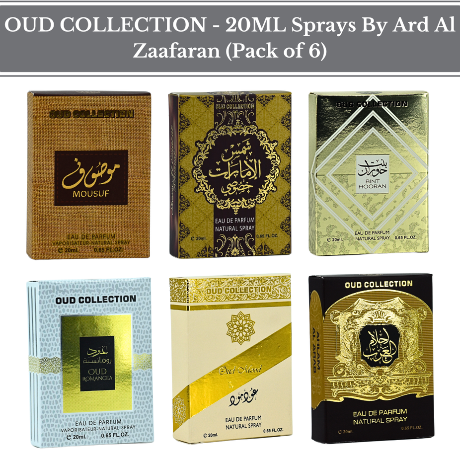 Six sample size Ard Al Zaafaran Oud Collection 20ml EDP sprays, miniature fragrances in a pack of six.
