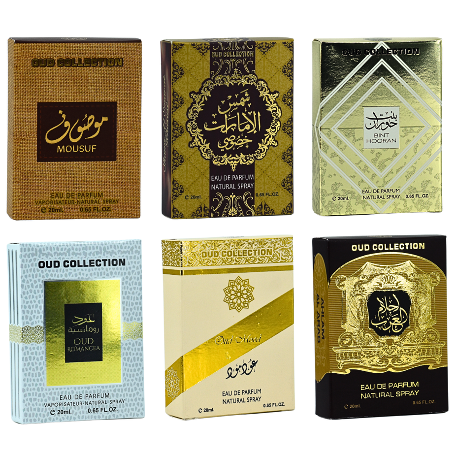 Six sample bottles of Ard Al Zaafaran Oud Collection 20ml EDP sprays, showcasing miniature fragrance bottles with ornate caps.