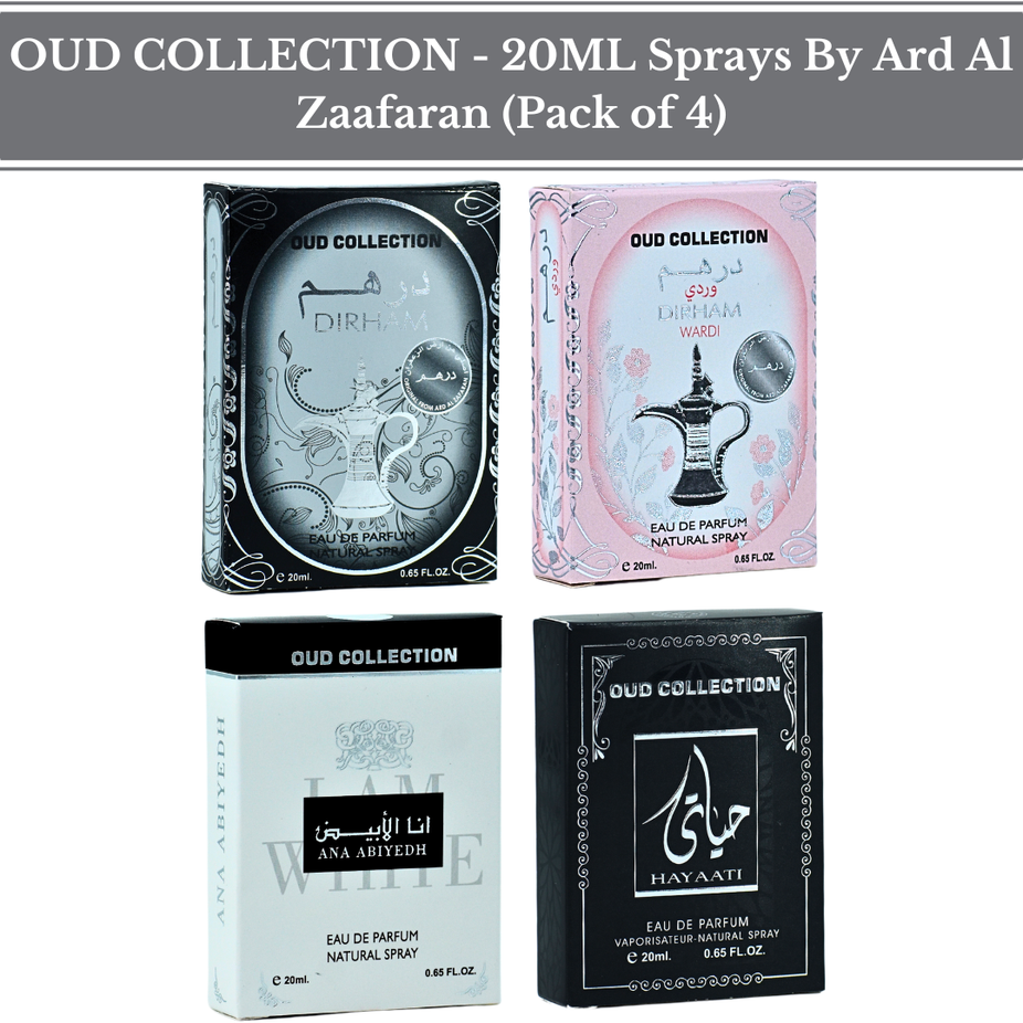 Set of four Ard Al Zaafaran Oud Collection 20ml EDP sample sprays, miniature fragrance bottles with elegant packaging.