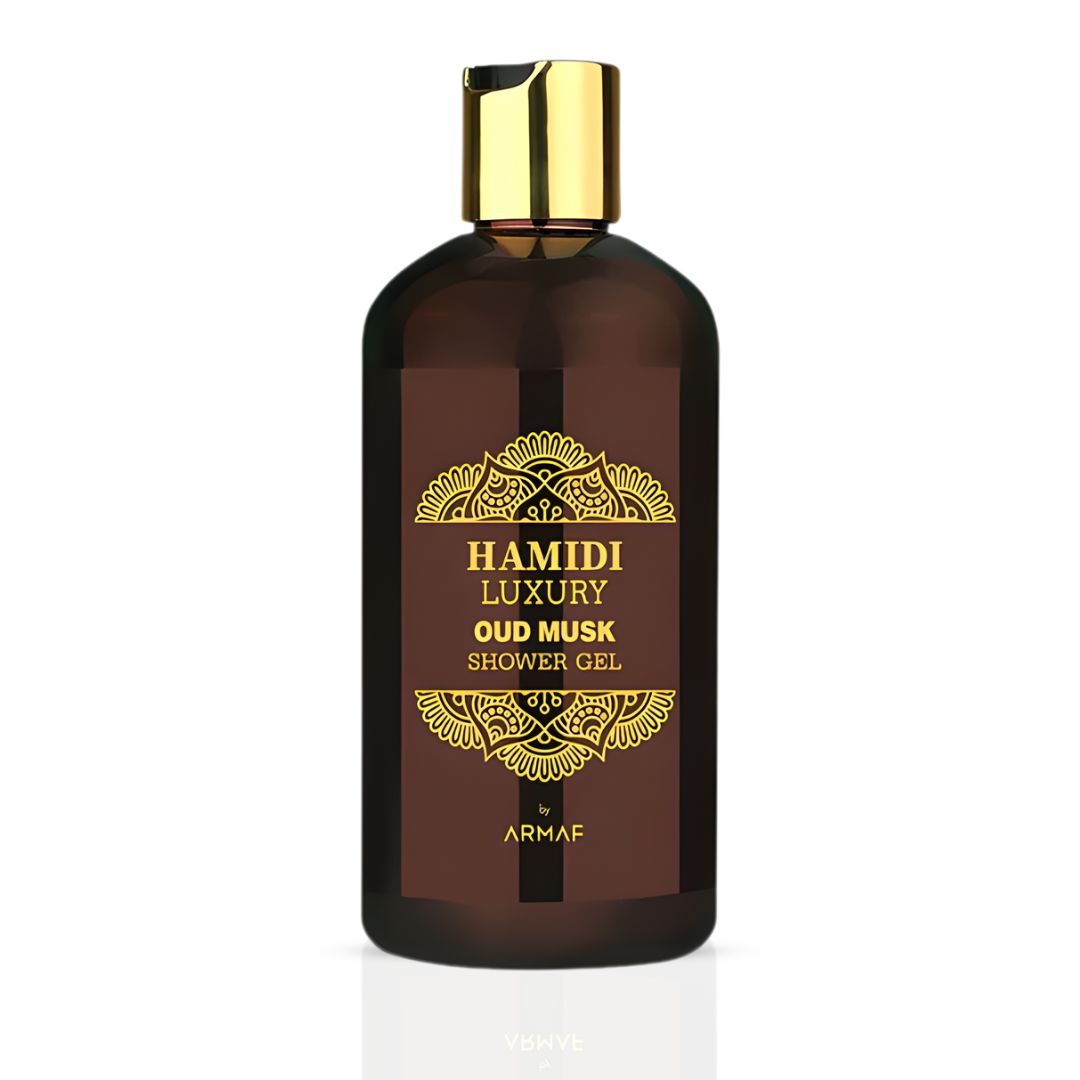 Hamidi Luxury Oud Musk Shower Gel 500ml bottle, showcasing elegant packaging with a rich, aromatic scent for men and women.