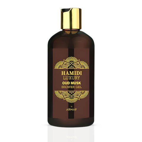 Hamidi Luxury Oud Musk Shower Gel 500ml bottle, showcasing elegant packaging with a rich, aromatic scent for men and women.