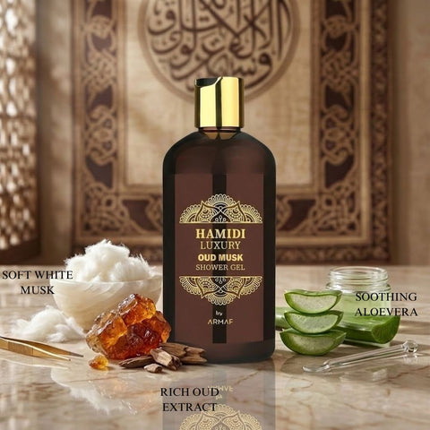 Hamidi Luxury Oud Musk Shower Gel 500ml bottle with elegant label, showcasing the moisturizing and skin-nourishing formula.