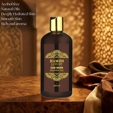 Hamidi Luxury Oud Musk Shower Gel 500ml bottle with sleek packaging, showcasing the moisturizing and skin-nourishing formula.