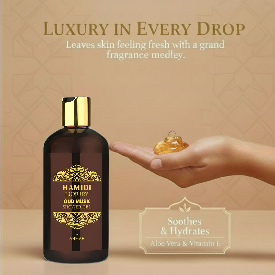 Hamidi Luxury Oud Musk Shower Gel 500ml bottle with elegant packaging, moisturizing and skin-nourishing for men and women.