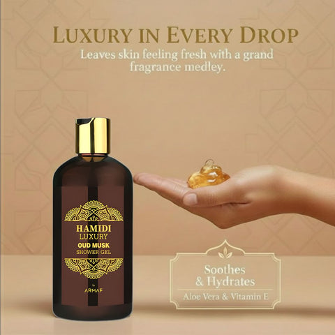 Hamidi Luxury Oud Musk Shower Gel 500ml bottle with elegant packaging, moisturizing and skin-nourishing for men and women.
