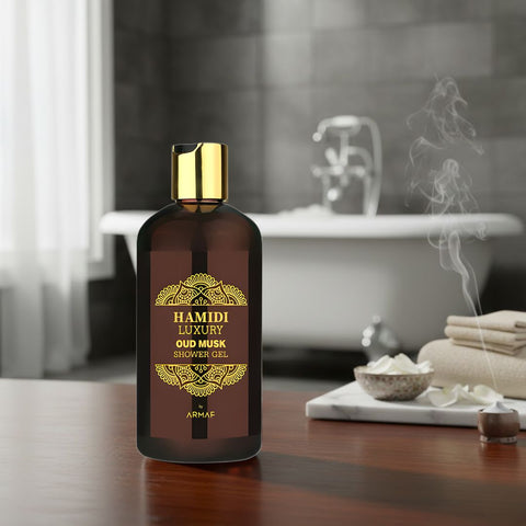 Hamidi Luxury Oud Musk Shower Gel 500ml bottle with elegant label, moisturizing and skin-nourishing for men and women.