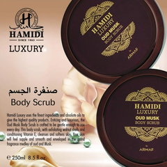 LUXURY OUD MUSK BODY SCRUB 250ML (8.4 OZ) By Hamidi | Gently Exfoliates For Soft & Smooth Skin, Naturally Derived Ingredients. - Intense Oud
