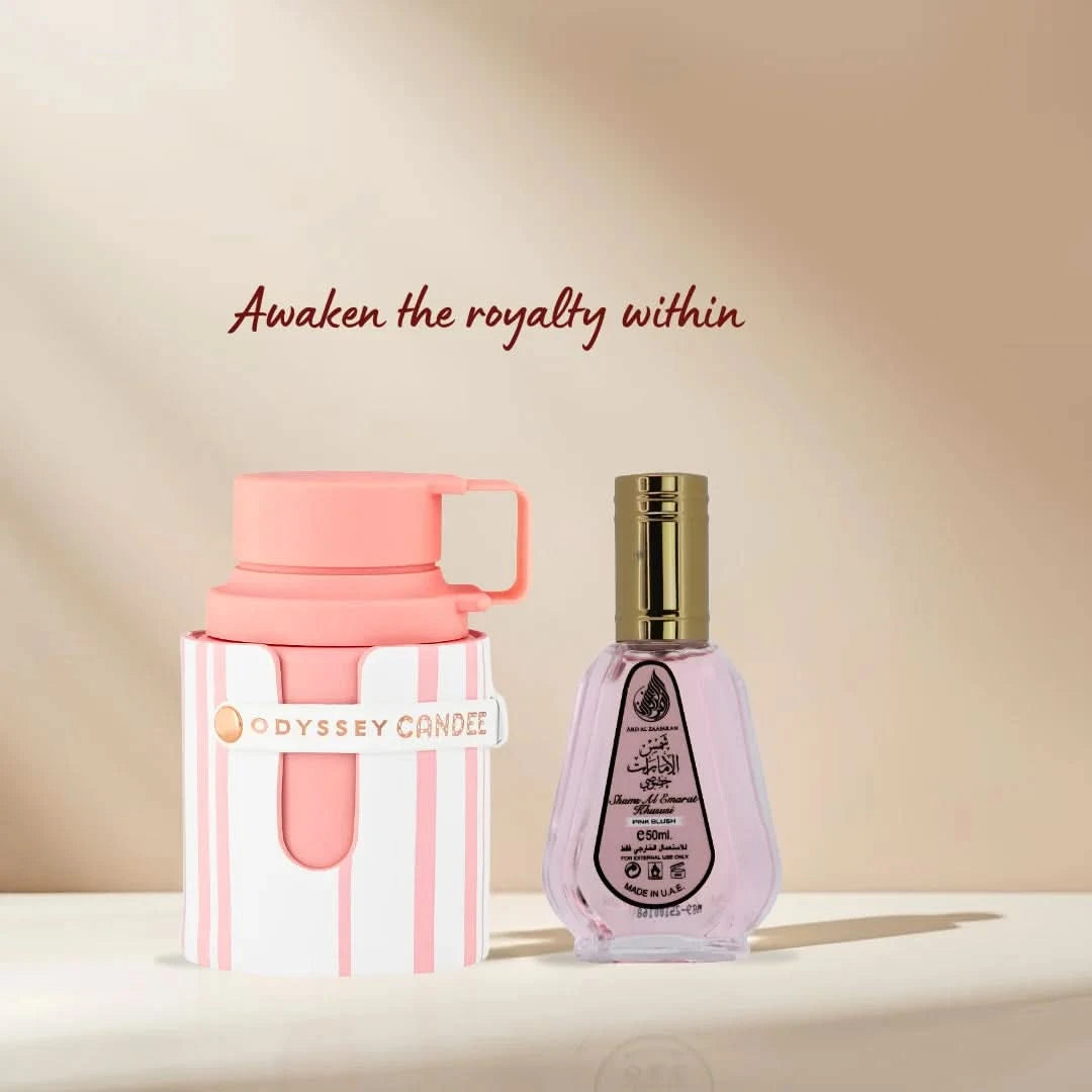 Odyssey Candee Special Edition and Pink Blush Shams Al Emarat Eau de Parfum bundle by Intense Oud, featuring elegant perfume bottles.