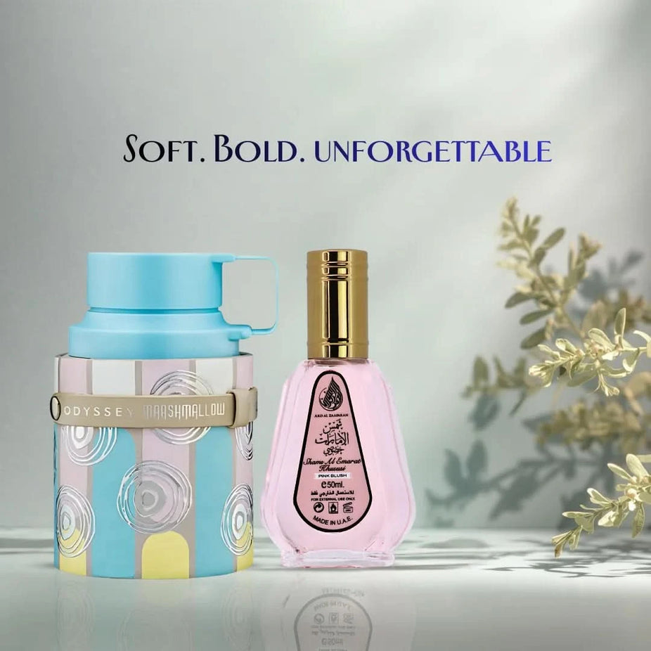Bundle of Odyssey Marshmallow Gourmand and Pink Blush Shams Al Emarat perfumes by Intense Oud, featuring bottles of Eau de Parfum sprays.