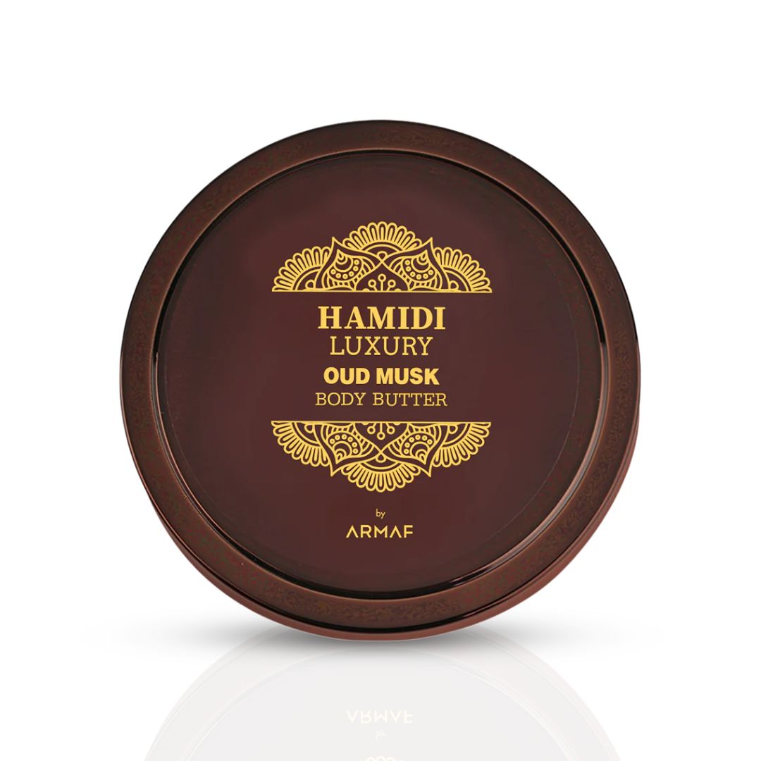 Hamidi Luxury Oud Musk Body Butter 250ml jar showing creamy texture and elegant packaging.