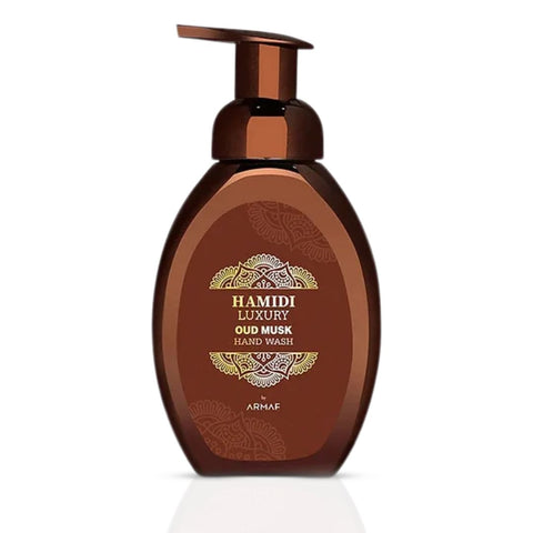 Hamidi luxury Oud Musk hand wash bottle with pump, 350ml, featuring elegant packaging and a sleek design.