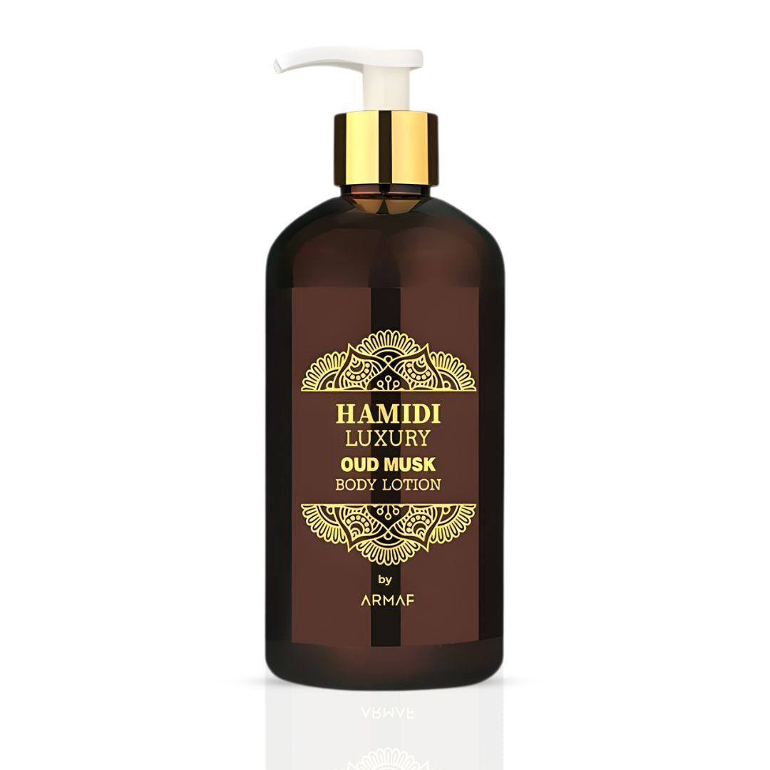 Hamidi Luxury Oud Musk Body Lotion 500ml with elegant packaging, showcasing the lotion bottle and luxurious design.
