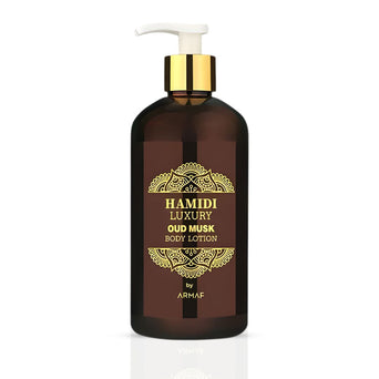 Hamidi Luxury Oud Musk Body Lotion 500ml bottle with elegant packaging and a smooth lotion texture.