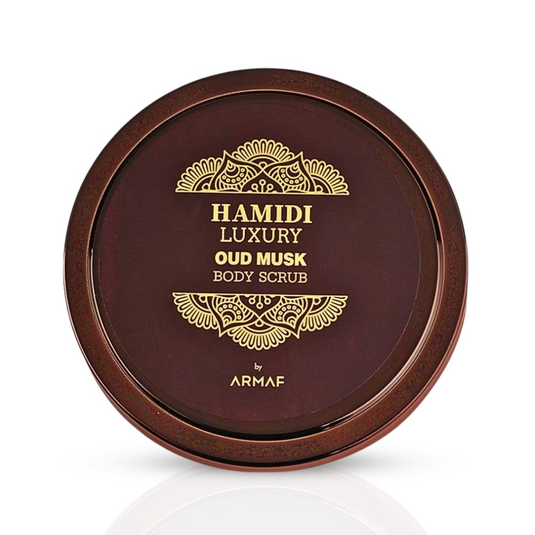 Hamidi Luxury Oud Musk Body Scrub 250ml bottle with a sleek design, showcasing the elegant packaging of the exfoliating body scrub.