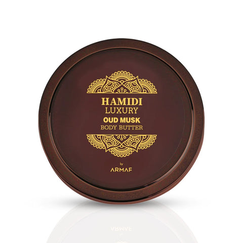 Hamidi Luxury Oud Musk Body Butter 250ml jar showing creamy texture and elegant packaging.