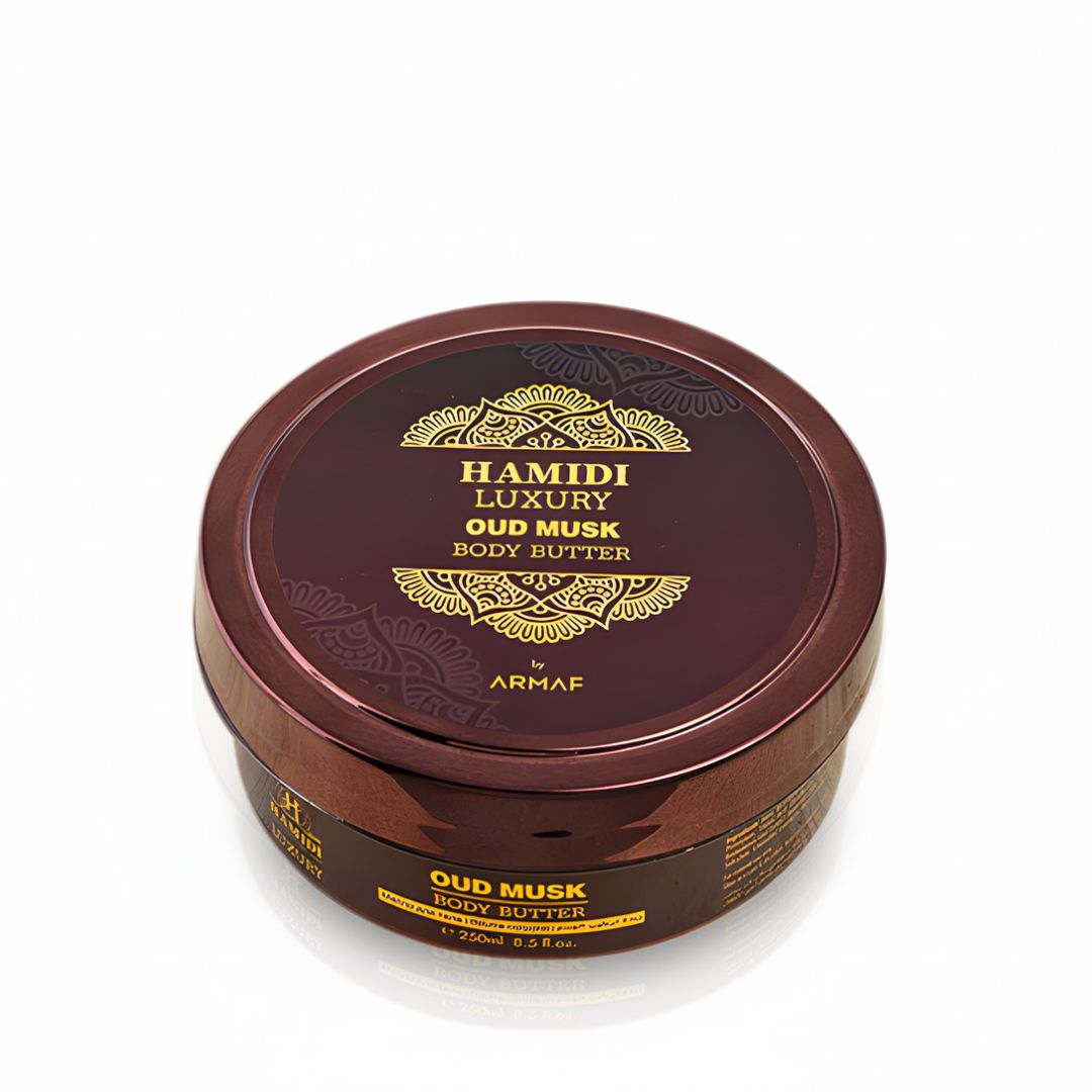 Hamidi Luxury Oud Musk Body Butter in 250ml jar, creamy texture with oud and musk scent, displayed in a white container.