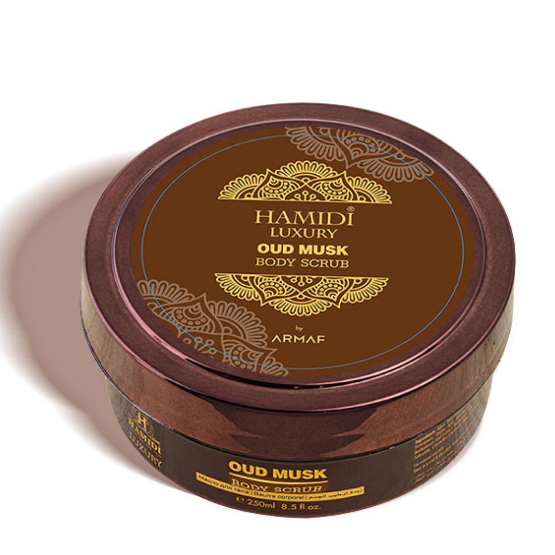 Hamidi Luxury Oud Musk Body Scrub 250ml bottle with textured label and pump dispenser, showcasing the elegant packaging.