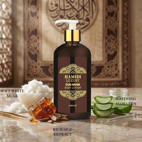 Hamidi Luxury Oud Musk Body Lotion 500ml bottle with elegant packaging and a smooth lotion texture.