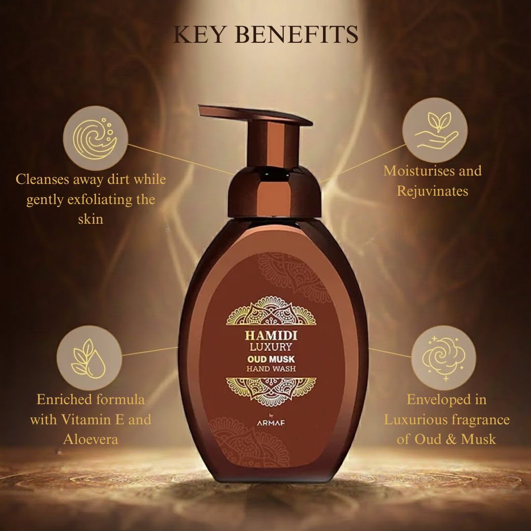 Hamidi Luxury Oud Musk Hand Wash 350ml bottle with elegant label, showcasing its moisturizing and rejuvenating skin benefits.