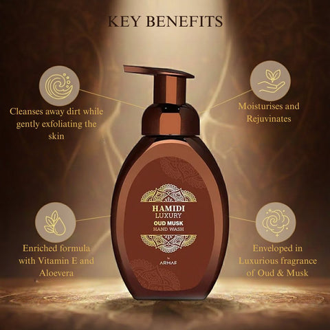 Hamidi Luxury Oud Musk Hand Wash 350ml bottle with elegant label, showcasing its moisturizing and rejuvenating skin benefits.