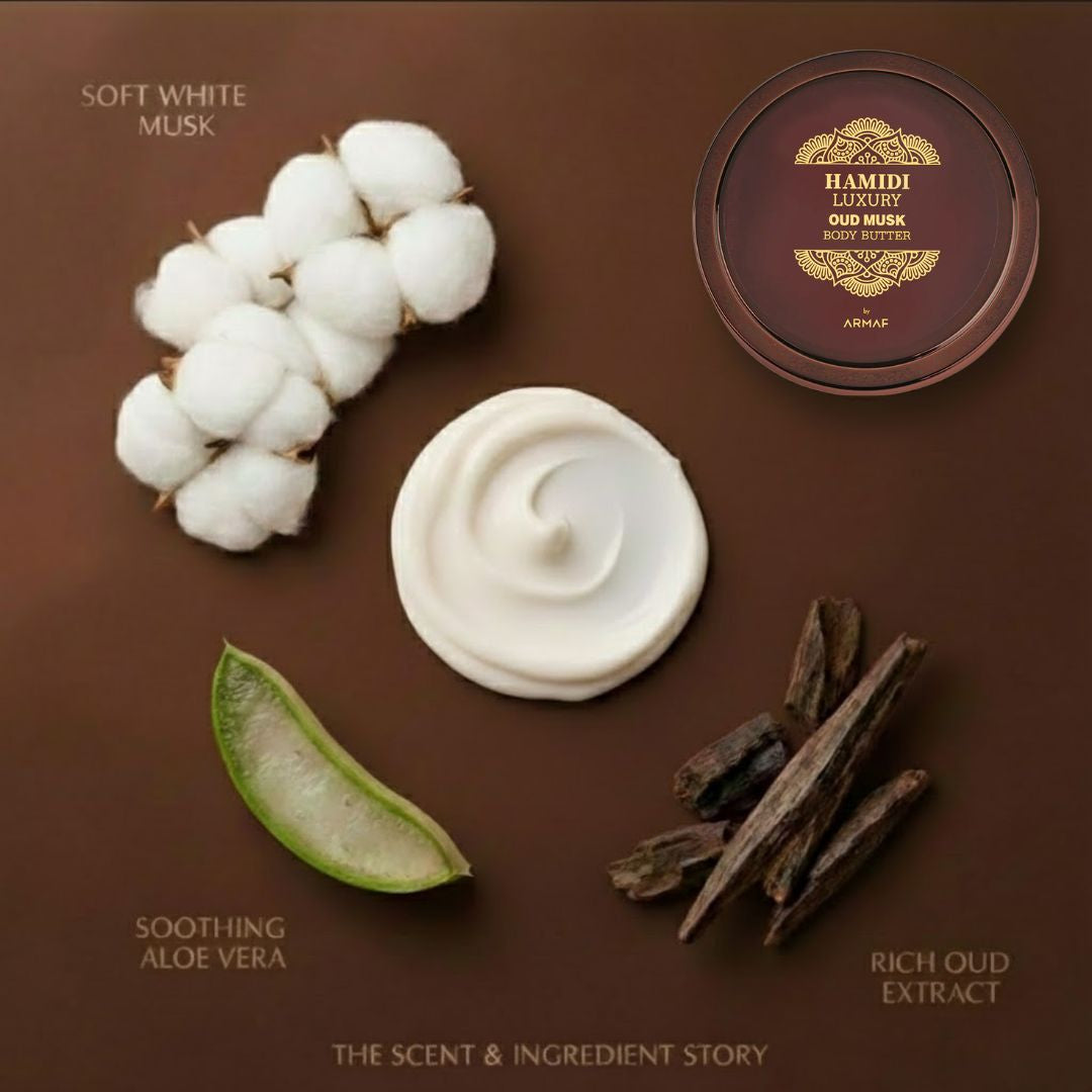 Hamidi Luxury Oud Musk Body Butter 250ml jar showing rich, creamy texture with a luxurious fragrance, ideal for nourishing skin.