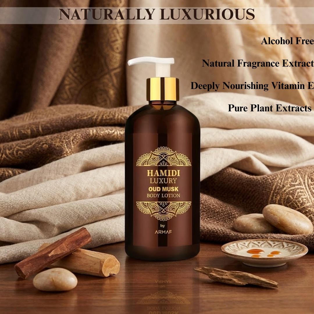 Hamidi Luxury Oud Musk Body Lotion 500ml bottle with elegant packaging and a sleek design.