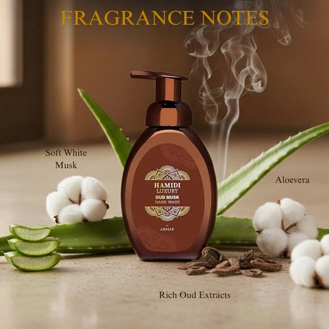 Hamidi Luxury Oud Musk Hand Wash 350ml bottle with elegant design, highlighting moisturizing and rejuvenating skin benefits.