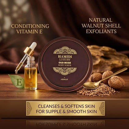 Hamidi Luxury Oud Musk Body Scrub in 250ml jar, showing the elegant packaging and textured scrub surface.