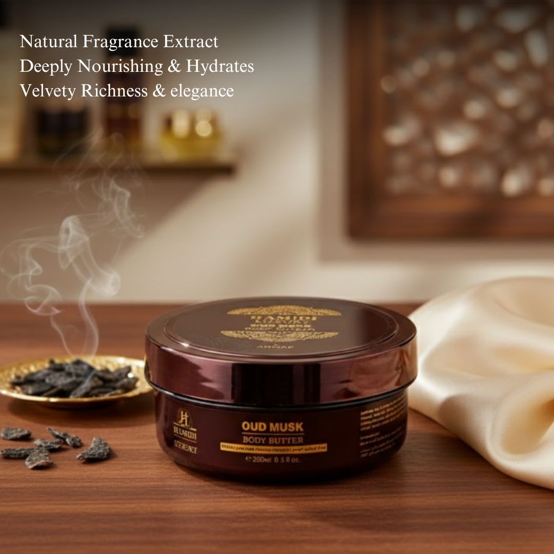 Hamidi Luxury Oud Musk Body Butter 250ml jar showing smooth, creamy texture with elegant packaging and fragrance details.