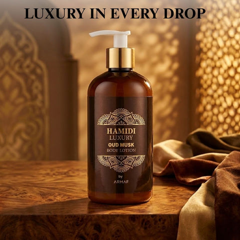 Hamidi Luxury Oud Musk Body Lotion 500ml, creamy white lotion in a sleek bottle with Oud Musk fragrance.