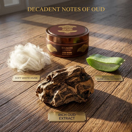 Hamidi Luxury Oud Musk Body Scrub in 250ml jar, showing the elegant packaging with a textured lid and product label.