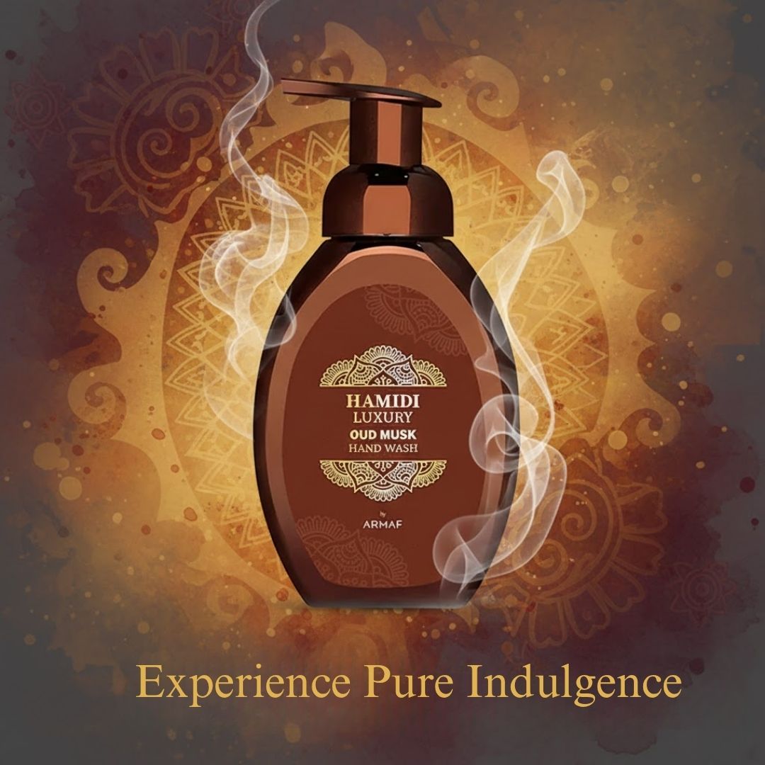 Hamidi Luxury Oud Musk Hand Wash 350ml bottle with elegant packaging, showcasing a luxurious, moisturizing hand wash with oud musk scent.