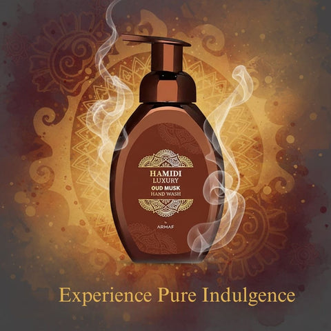 Hamidi Luxury Oud Musk Hand Wash 350ml bottle with elegant packaging, showcasing a luxurious, moisturizing hand wash with oud musk scent.