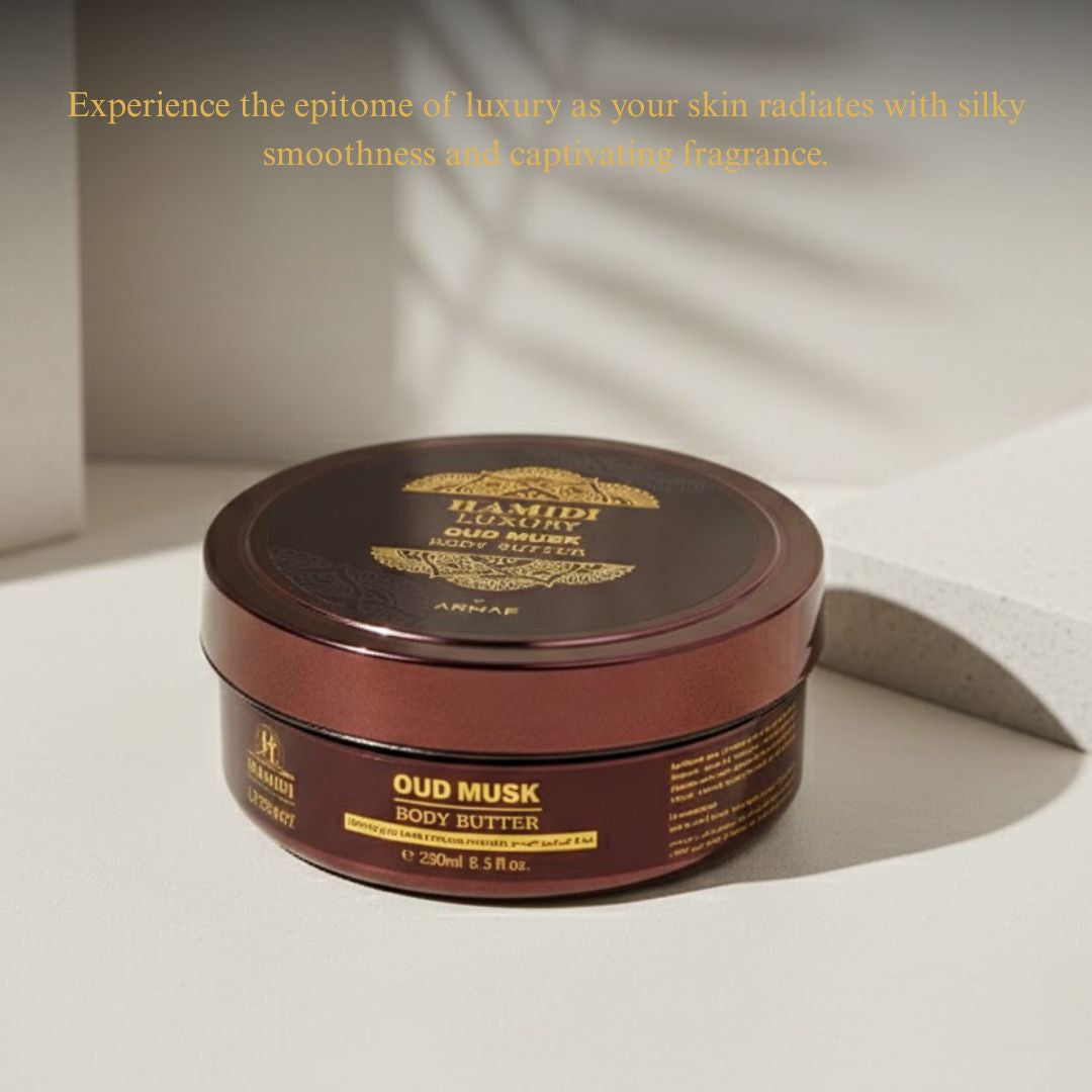 Hamidi Luxury Oud Musk Body Butter 250ml jar showing creamy texture and elegant packaging with Oud and Musk scent elements.