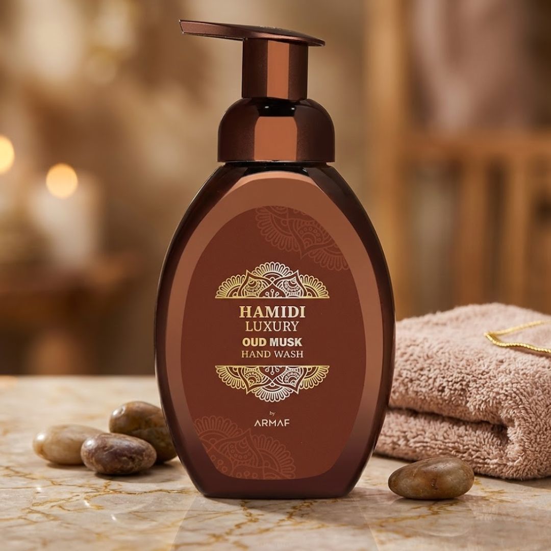 Hamidi Luxury Oud Musk Hand Wash 350ml bottle with elegant label, showcasing the moisturizing and rejuvenating qualities.