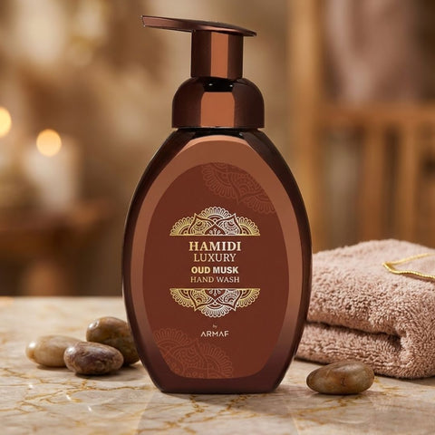 Hamidi Luxury Oud Musk Hand Wash 350ml bottle with elegant label, showcasing the moisturizing and rejuvenating qualities.