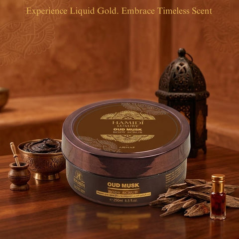 Hamidi Luxury Oud Musk Body Scrub in 250ml jar, showing creamy texture and luxurious packaging for smooth, scented skin.
