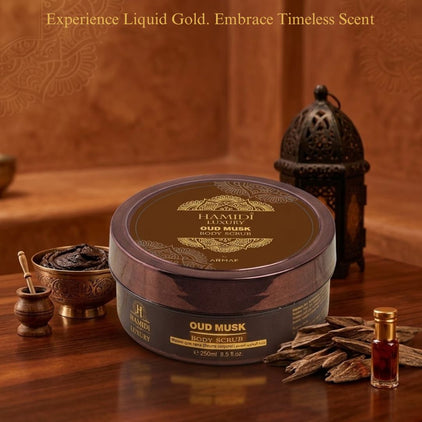 Hamidi Luxury Oud Musk Body Scrub in 250ml jar, showing creamy texture and luxurious packaging for smooth, scented skin.