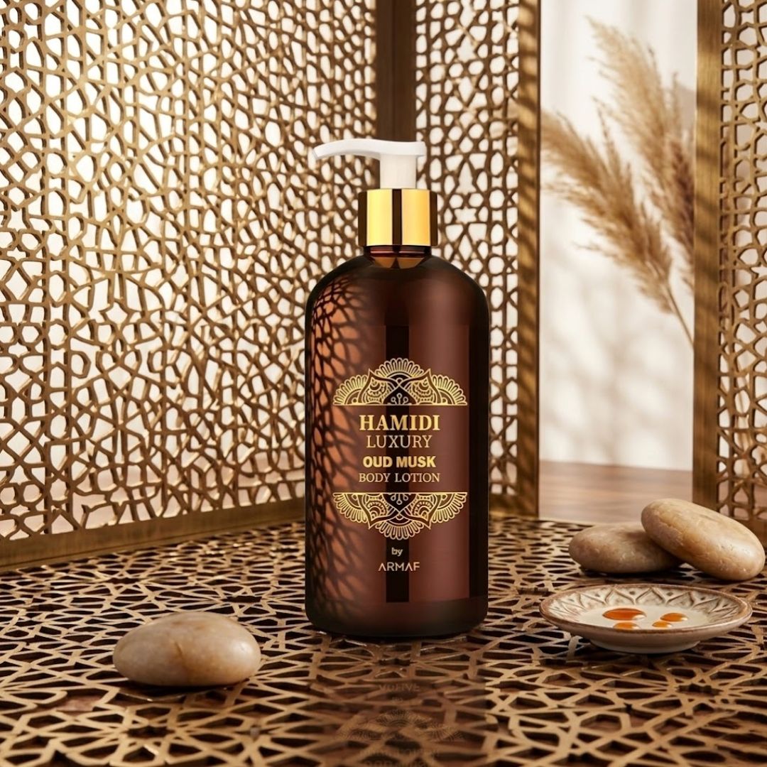 Hamidi Luxury Oud Musk Body Lotion bottle with elegant packaging, 500ml (16.9 oz), featuring a sleek design and luxurious branding.