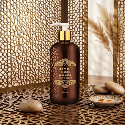 Hamidi Luxury Oud Musk Body Lotion bottle with elegant packaging, 500ml (16.9 oz), featuring a sleek design and luxurious branding.