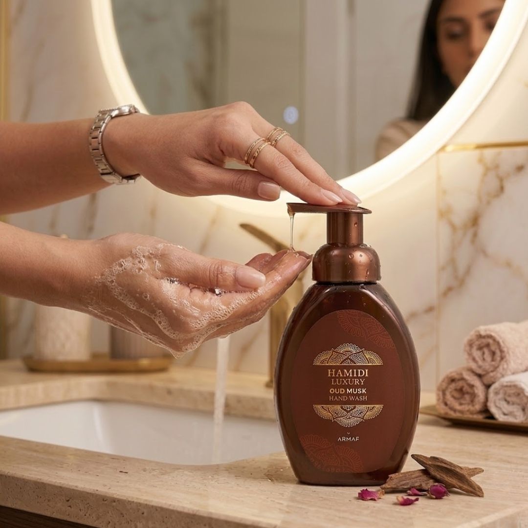 Hamidi Luxury Oud Musk Hand Wash 350ml bottle with elegant label and floral accents, showcasing the moisturizing hand wash formula.