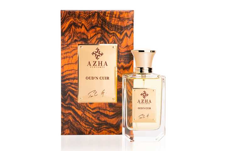 Azha Oud'n Cuir Eau De Parfum 100ml bottle with elegant dark packaging, showcasing the luxurious fragrance blend.