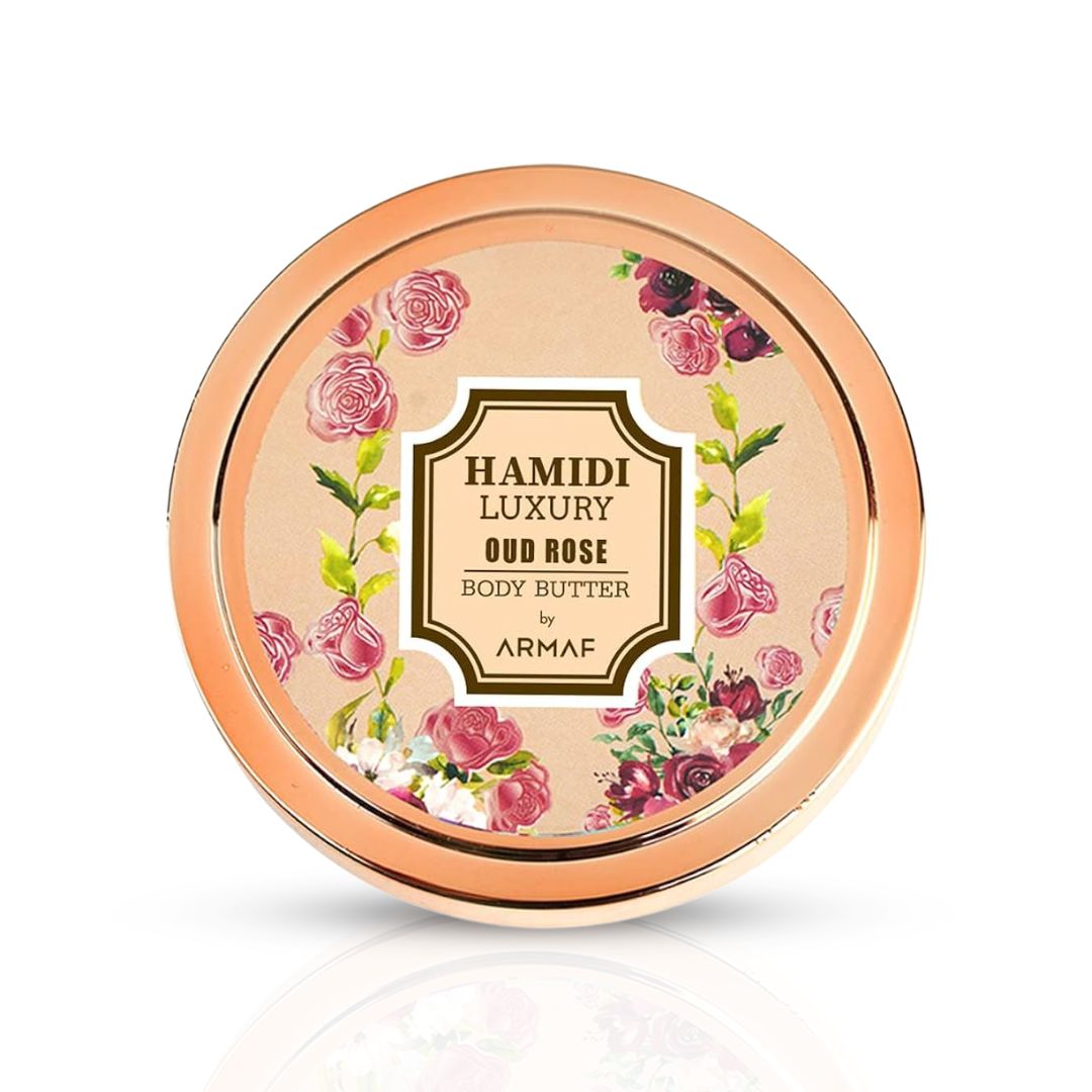 Luxury Oud Rose body butter by Hamidi, 250ml, with a smooth cream texture and elegant packaging.