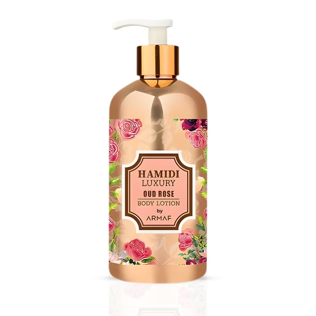 Hamidi Luxury Oud Rose Body Lotion 500ml bottle, featuring elegant packaging with rose and oud design elements.