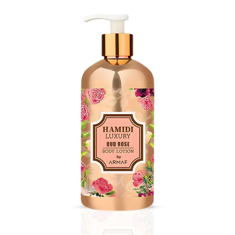 Hamidi Luxury Oud Rose Body Lotion 500ml bottle, featuring elegant packaging with rose and oud design elements.