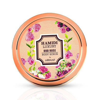 Hamidi Luxury Oud Rose Body Scrub in 250ml container with creamy, rose-scented exfoliating texture and elegant packaging.