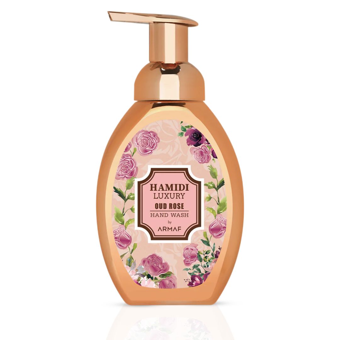 Hamidi Luxury Oud Rose Hand Wash bottle with elegant label, 350ml (11.9 oz), showcasing a luxurious floral and oud scent.